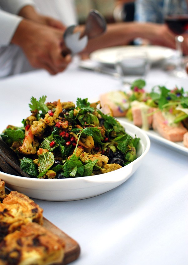 Salad of cauliflower, brussels sprouts, pomegranate, grapes and mint; poached Tasmanian salmon, dill aioli, shaved fennel and asparagus; and caramelised onion and goats cheese tart. Photo by Lisa Tilse for We-Are-Scout.com. 