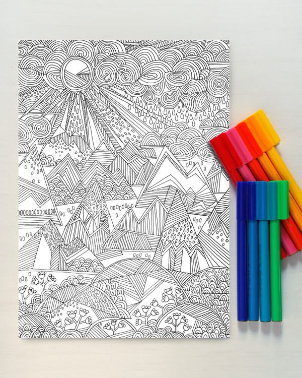 Free printable art colouring poster for adults: De-stress and practice mindfulness with this original artwork by Lisa Tilse for We Are Scout. 