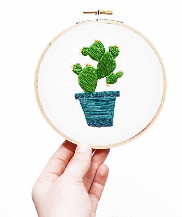 Sarah Benning's Cactus in a Blue Geometric Planter embroidered artwork, available to purchase from her Etsy shop. 