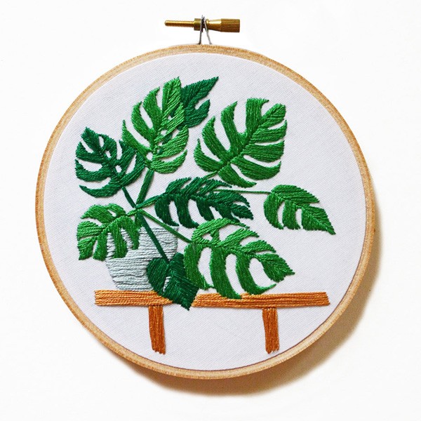 Sarah Benning's Monstera embroidered artwork, available to purchase from her Etsy shop. 