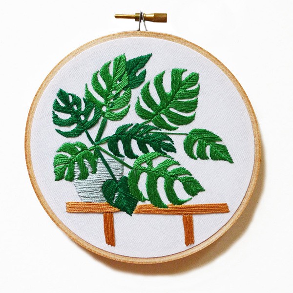 Sarah Benning's Monstera embroidered artwork, available to purchase from her Etsy shop.