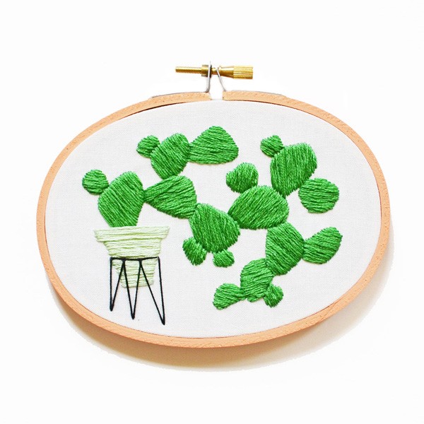 Sarah Benning's Prickly Pear in Wire Plant Stand, embroidered artwork, available to purchase from her Etsy shop.