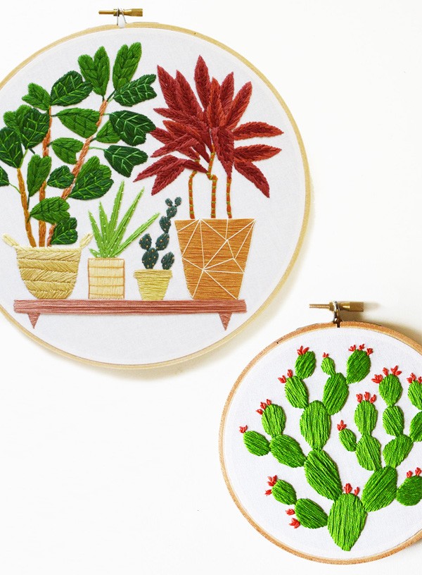 Sarah Benning's 'Prickly Pear' and 'Fig and Palm' embroidered artwork, available to purchase from her Etsy shop. 