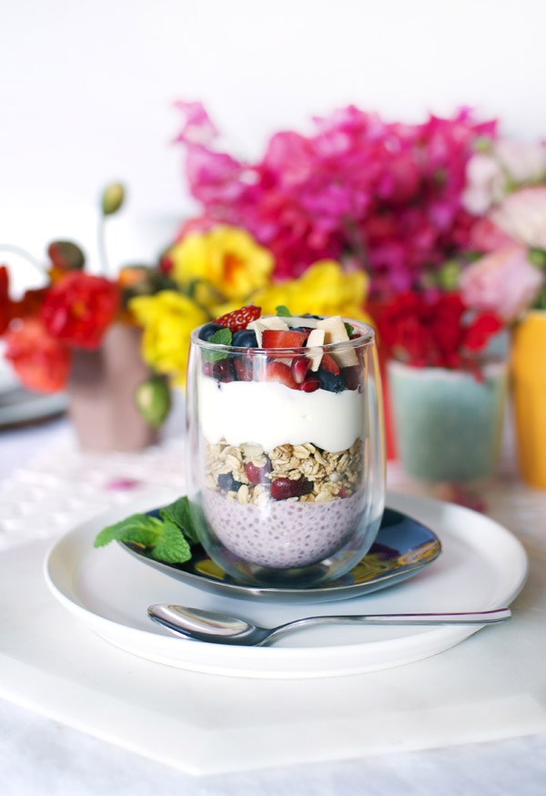 Layered strawberry chia brunch bowls - get the recipe on We Are Scout. Perfect for serving at brunch!