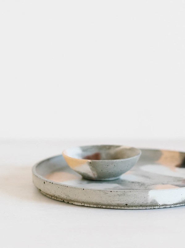 Concrete Jewellery Dish / Salt and Pepper Vessel, $20, on round concrete plate, $65, by Fox & Ramona.