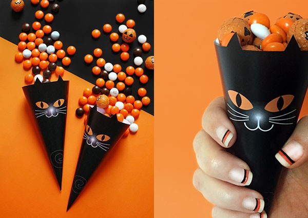 Black cat treat cone for Halloween - free printable