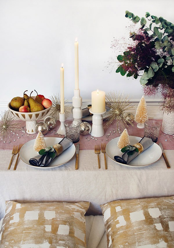 Create a mid-century inspired, soft rose gold Christmas table with West Elm. Get the how-to and top tips at We Are Scout. Photo by Lisa Tilse for We Are Scout. 
