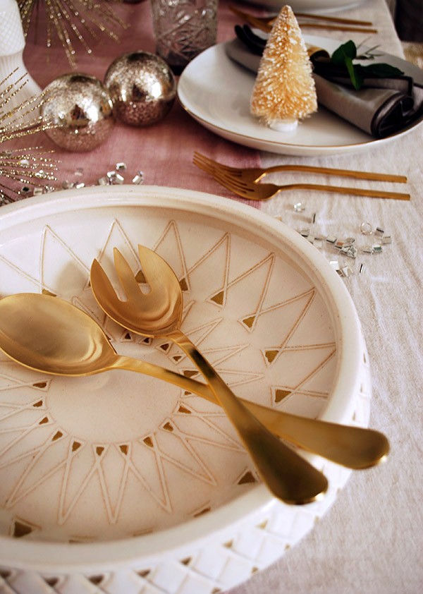 How to set your table for Christmas with a mid-century inspired rosy-gold theme. Photo by Lisa Tilse for We Are Scout.