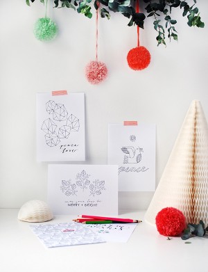 Free printable colouring Christmas Cards by Lisa Tilse for We Are Scout.