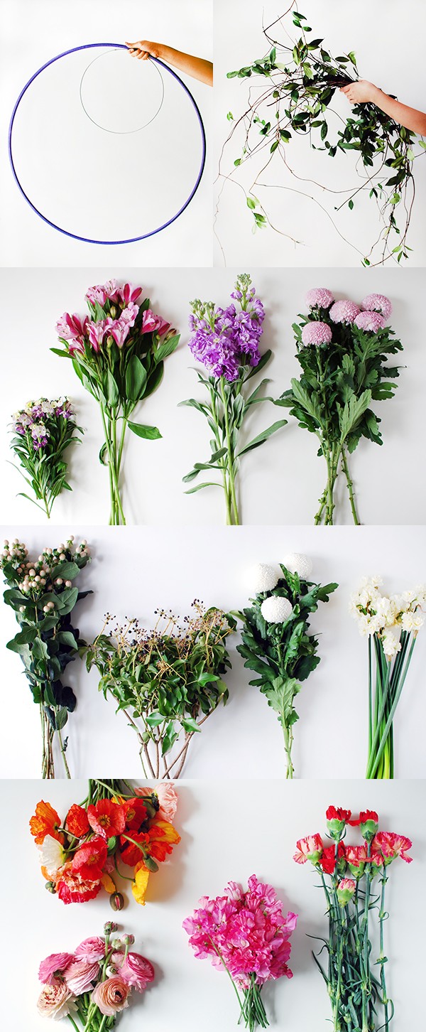 Materials to make a DIY fresh flower hanging chandelier.