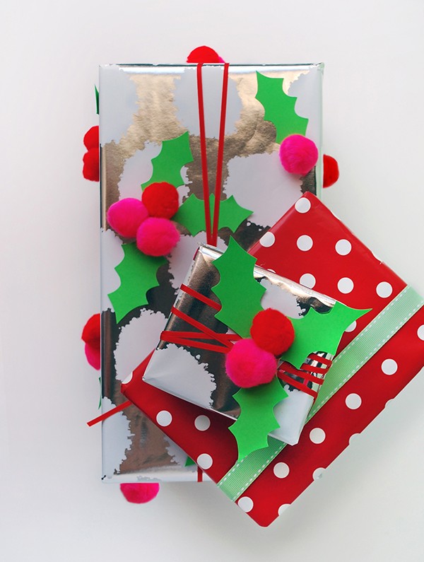 Make your own pom pom holly Christmas gift wrap