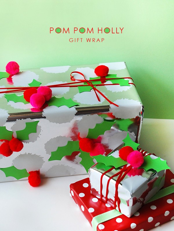 Make your own pom pom holly Christmas gift wrap