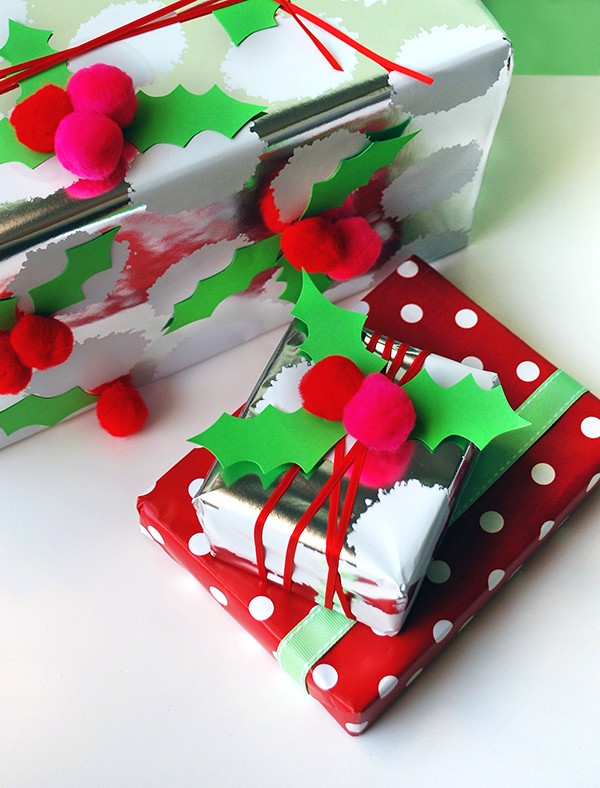 Make your own pom pom holly Christmas gift wrap