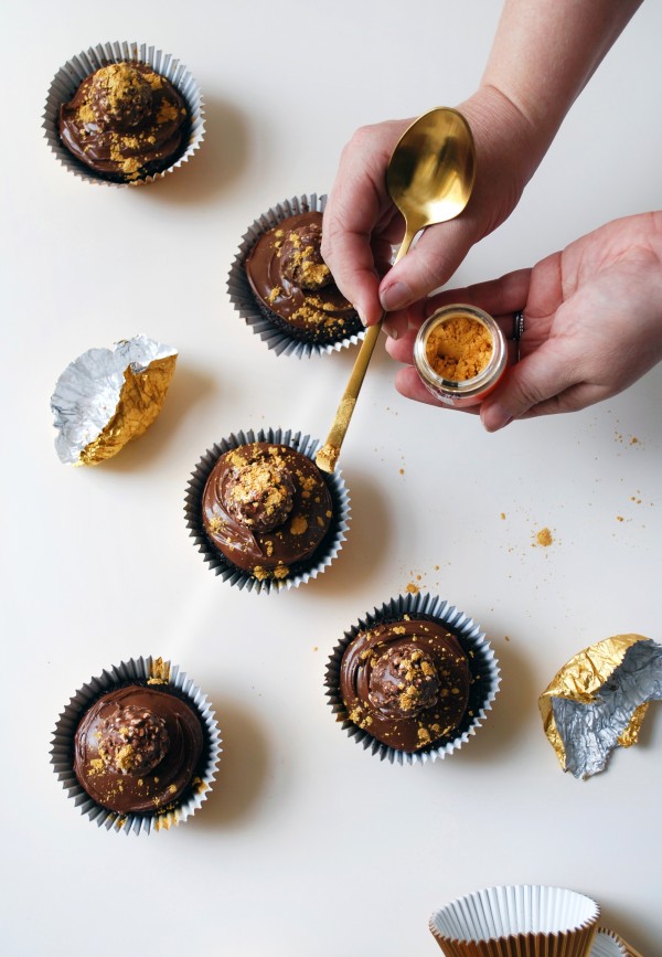 How to make Ferrero Rocher and Nutella cupcakes, dusted with gold flecks - the perfect Christmas treat. Photo by Lisa Tilse for We Are Scout.