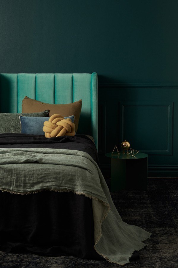 Incy Interiors teal velvet bedhead.