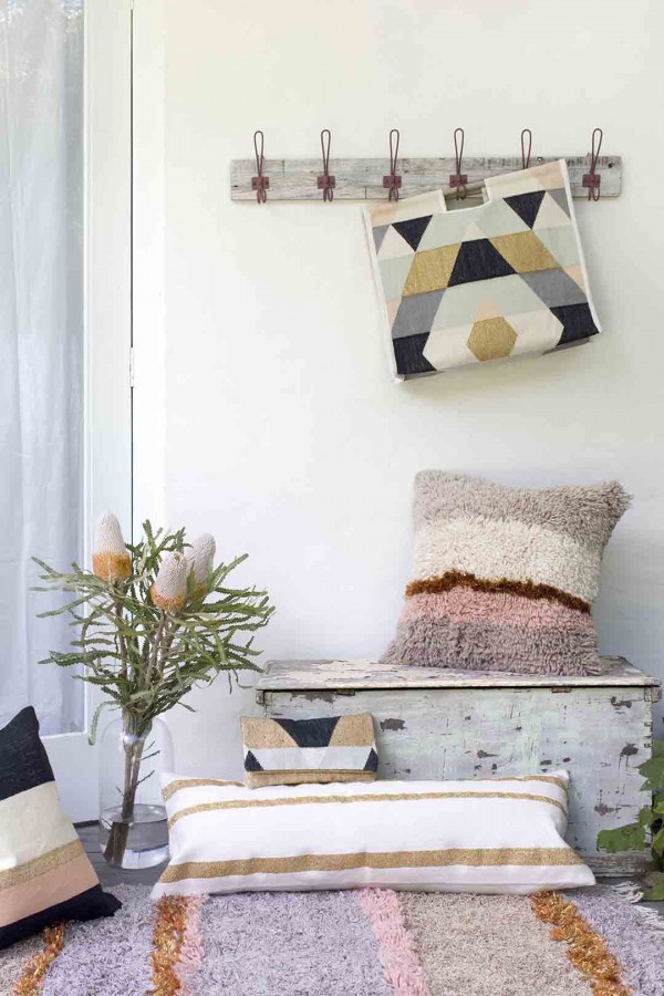 Langdon LTD - Australian homewares. Beautiful shag cushions and rug. Woven tote bag.