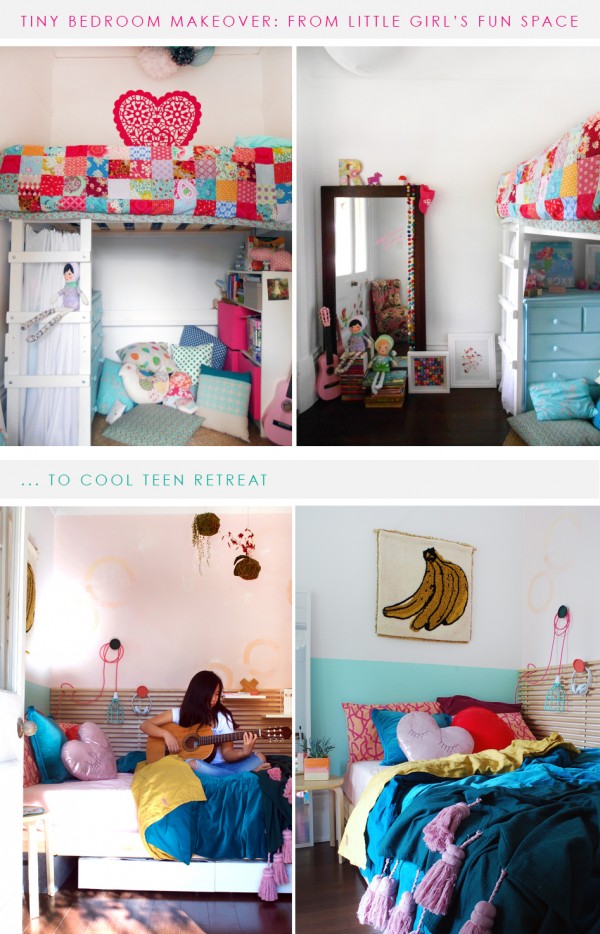 BEFORE AND AFTER tiny bedroom makeover for a teen girl. Tips on how to style a teen retreat, how to maximize space and storage and choose the right furniture.