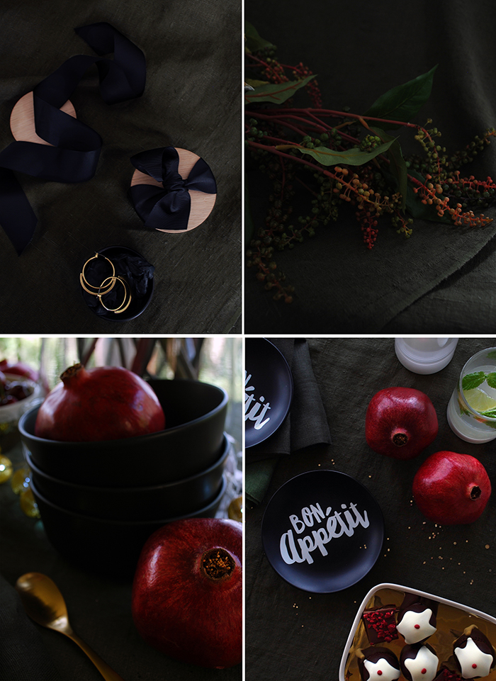 How to style a black Christmas table setting. Add white and gold, rich red and dark olive for a sophisticated palette.