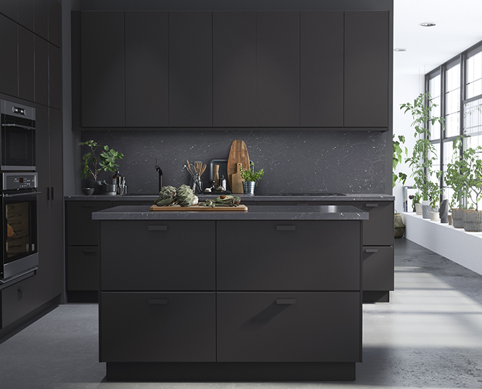 Ikea matte anthracite-coloured cupboard fronts made from 100% recycled materials.