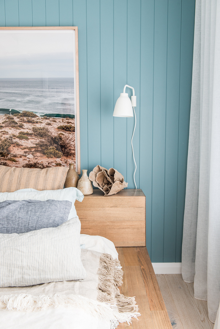 Modern beach house vibe. Love the wall colour!