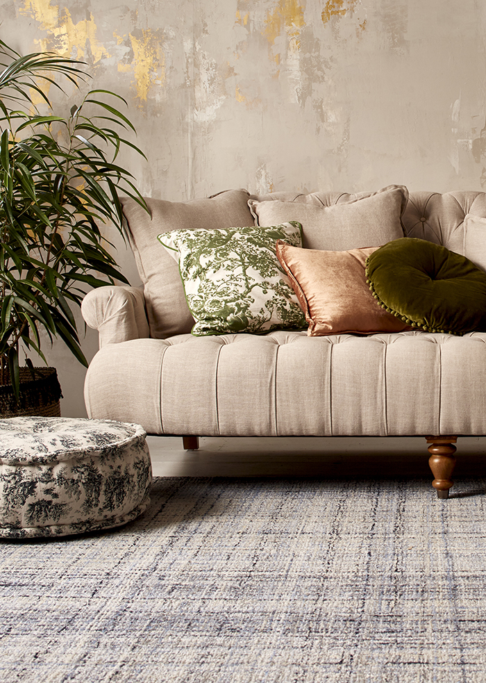 Blush sofa + lovely rug