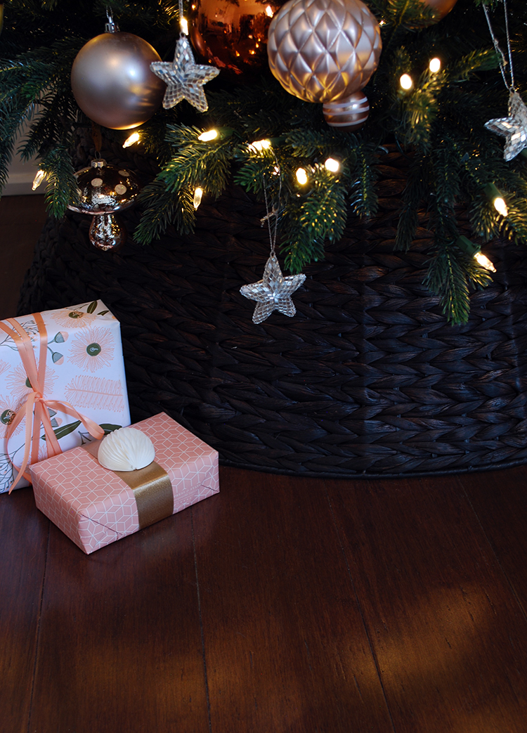 Christmas tree decorations on copper, gold, silver and blush