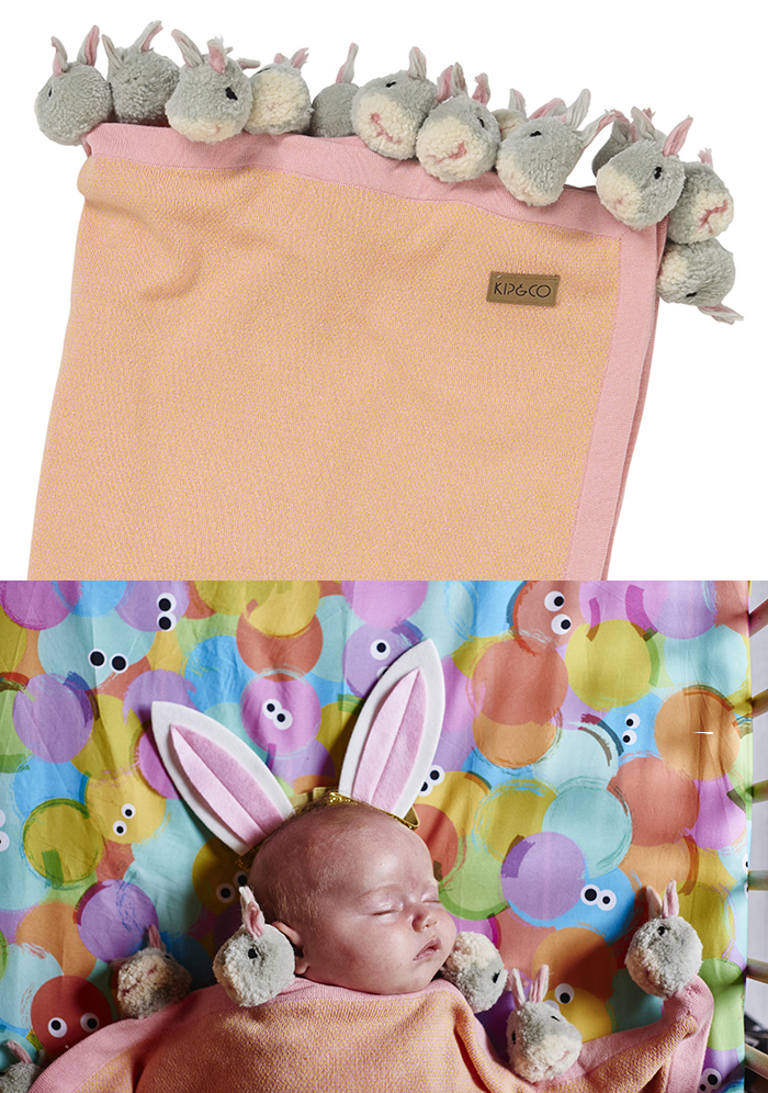 Kip & Co Easter blanket with bunny pom poms!